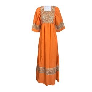 Vintage 70s Deadstock Peggy Barker Orange Prairie Maxi Dress Boho Folk Cotton